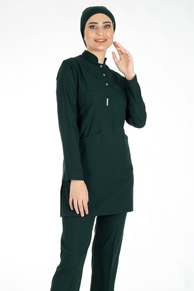 Alsancak Üniforma Dark Green Thin Fabric Lycra Hijab Nurse Jersey and Hijab Doctor's Jersey Set