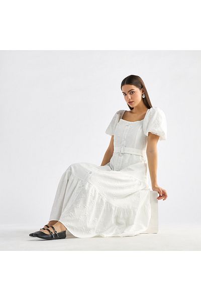 FAV Floral Textured Tiered Maxi Dress with Short Puff Sleeves and Square Neck