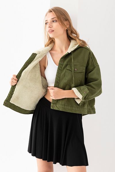 TUBA SÖZEN BUTİK Short Denim Plush Coat with Hood