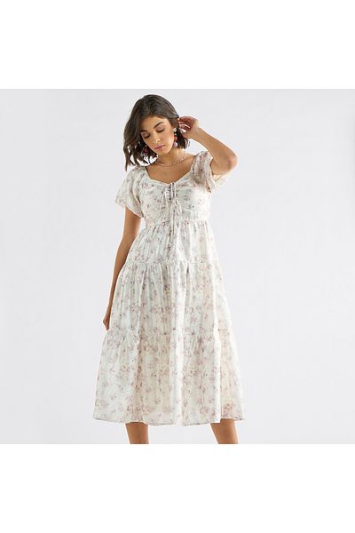 FAV Floral Print Tiered Dress with Sweetheart Neck and Short Sleeves