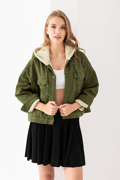TUBA SÖZEN BUTİK Short Denim Plush Coat with Hood