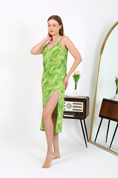 Akbeniz Green Micro Shiny Long Dress - Rope Strap, Nightgown 7415