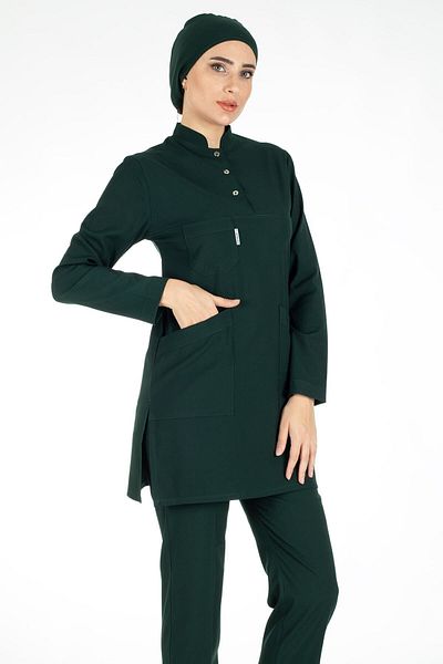 Alsancak Üniforma Dark Green Thin Fabric Lycra Hijab Nurse Jersey and Hijab Doctor's Jersey Set