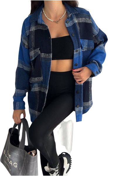 Cassime Jachetă de cămașă de lumberjack cu buzunar supradimensionat Saks albastru pentru femei