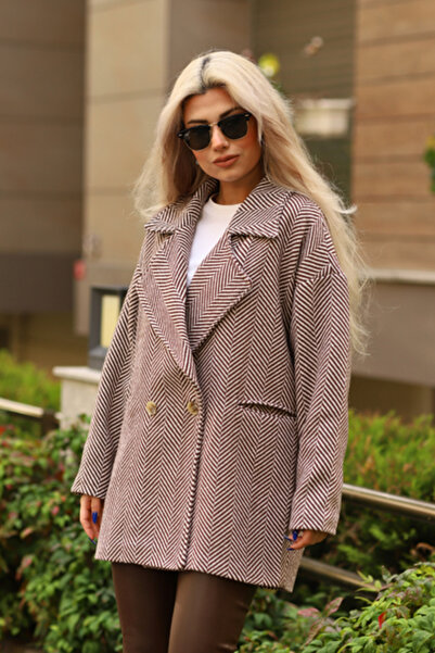 Moda Palmiss oversized Καφέ Παλτό Καστανό - Μοτίβο Ψαροκόκαλο και Φόδρα