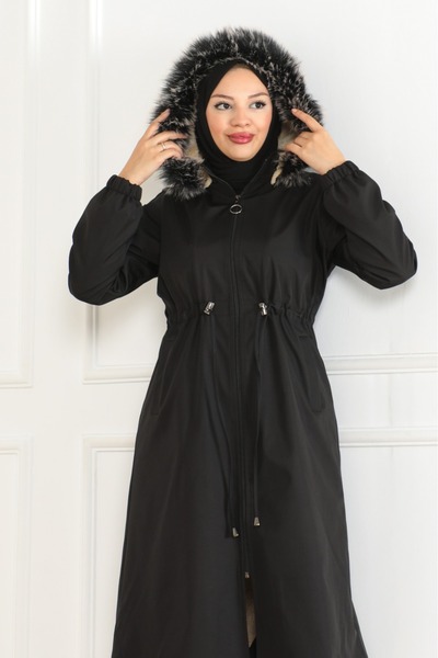 nacar çarşı Kadın Bonded Kumaş İçi Kürklü Fermuarlı Siyah Kışlık Mont