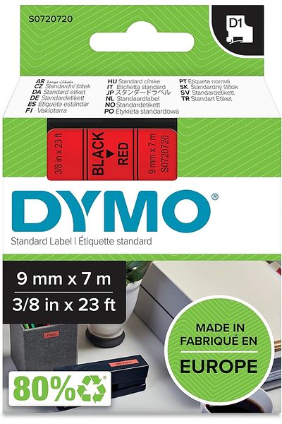 Dymo S0720720، شريط بديل D1 (9 مم × 7 متر)، أحمر/أسود (40917)