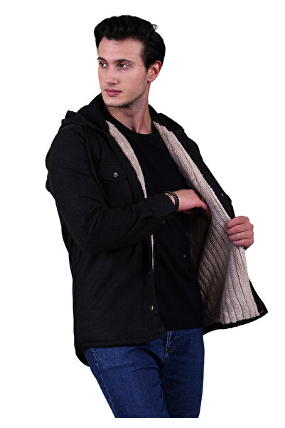 Exve Exclusive Anthracite Gray Single Color Plain Plain Hooded Wool Fur Inside Winter Woodcutter Jacket Shirt