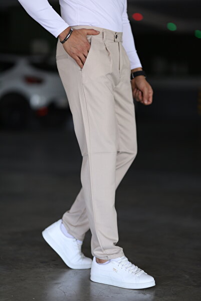 Bürke Men's Cream Color Double Pleated Waist Semi Elastic Quality Comfortable Winter Trousers