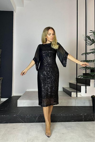 gesmoda G0727 Chiffon Sleeve Detailed Sequin Evening Dress Black