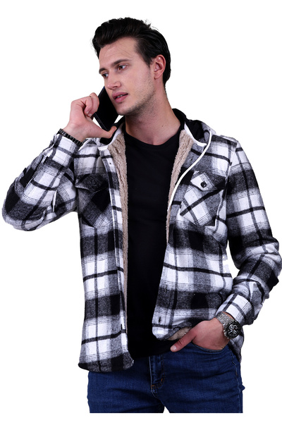 Exve Exclusive Siyah Beyaz Ekose Kareli Kapüşonlu Içi Yün Kürklü Kışlık Oduncu Ceket Gömlek