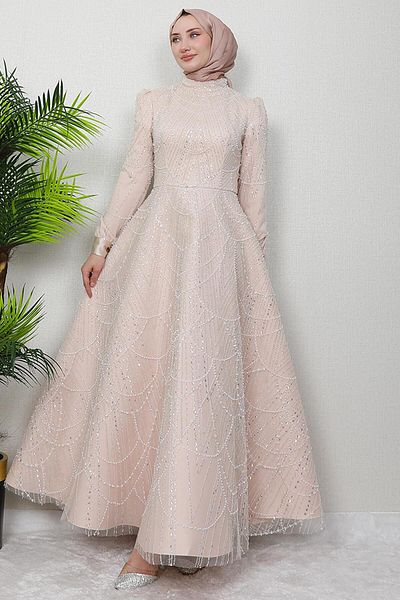 GİZ AGİYİM Mahur Hijab Evening Dress Light Powder