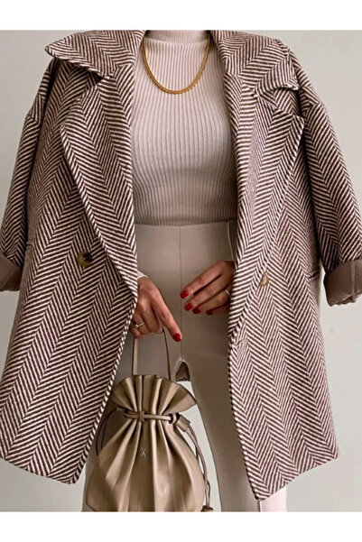 Moda Palmiss oversized Καφέ Παλτό Καστανό - Μοτίβο Ψαροκόκαλο και Φόδρα