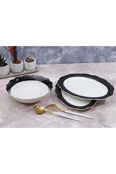 AROW Pink&more Gold Gilt Black 3-Piece Plate Bowl Serving Set