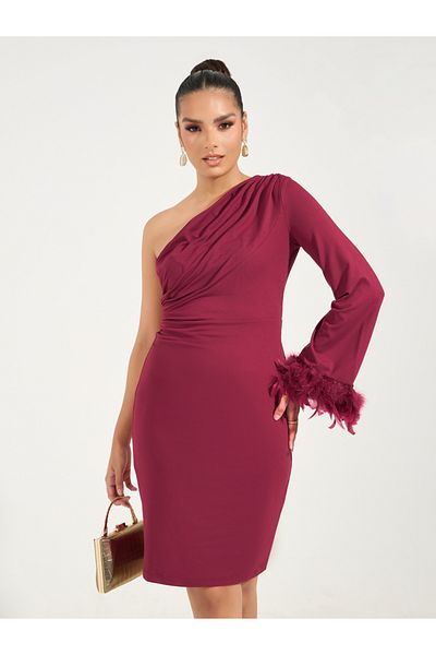 Styli One Shoulder Sleeve Knee Length Dress with Faux Feather Detail