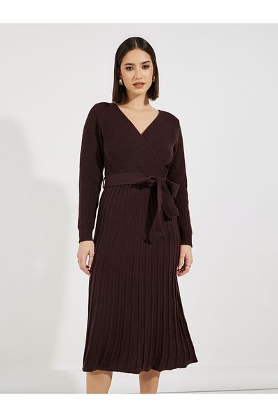 Styli Textured Knit Sweater Midi Dress with Tie Belt