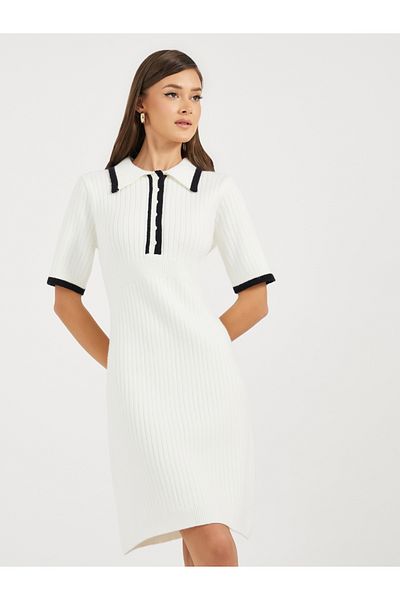 Styli Contrast Trim Knit Sweater Knee-Length Dress