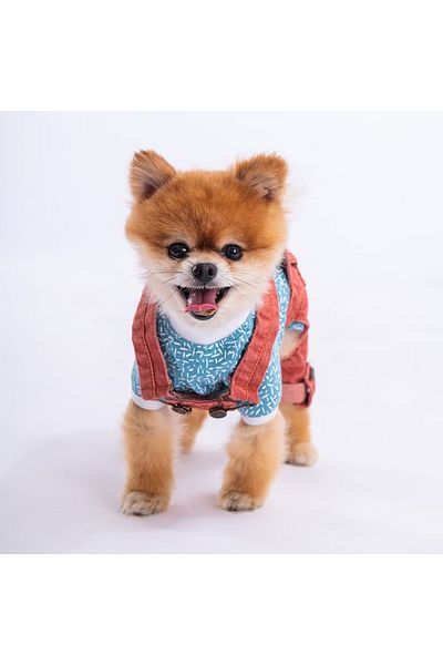 Pawstar Red Denim Salopet T-Shirt Combination Dog Apparel Dog T-Shirt - Overalls Combination