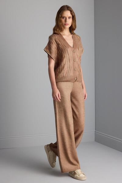 JOIN US Yüksek Bel Kahverengi Triko Palazzo Pantolon
