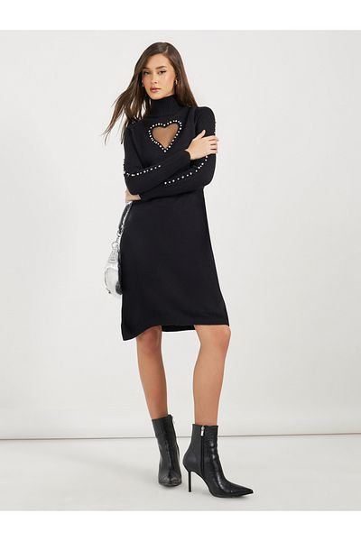 Styli Heart Cut Out Embellished Sweater Knee Length Dress