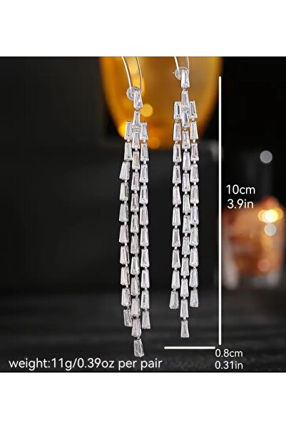 ER TAKI Gümüş Renkli Taşlı Uzun Sallantılı Şık Nişan Kına Nikah Düğün Abiye Küpe