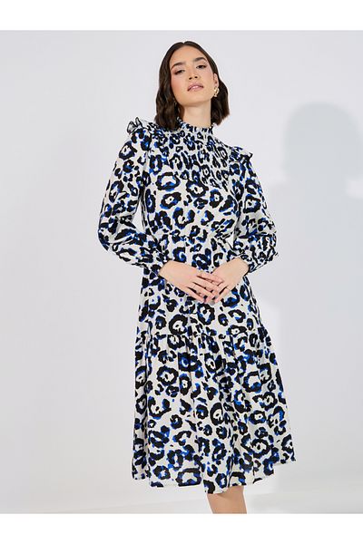 Styli Abstract Print Shirred A-Line Midi Dress