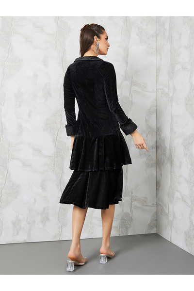 Styli Faux Fur Trim Layered Velvet Blazer Midi Dress