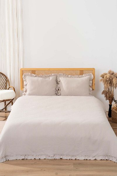 Rivaİstanbul Marta Beige Double Jacquard Bedspread Set 3 Piece Sleeping Set
