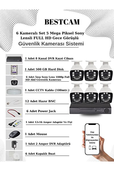 BESTCAM 6 Kameralı Set 5 Mega Piksel Sony Lensli FULL HD Gece Görüşlü Güvenli...