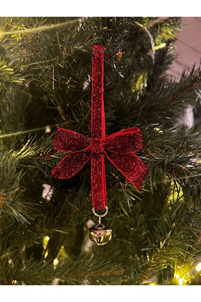 kadifecim Yılbaşı Simli Kırmızı Kadife Kurdeleli Zilli Zincir Lüks Noel Çam A...