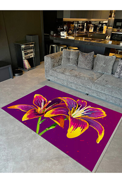 Rugs Modern Halı Covor decorativ modern cu model floral de crin în tonuri vio...