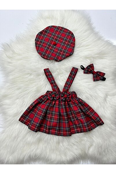 Moda Lina Baby Girl's Plaid Patterned Salopet & Hat & Bandana Set