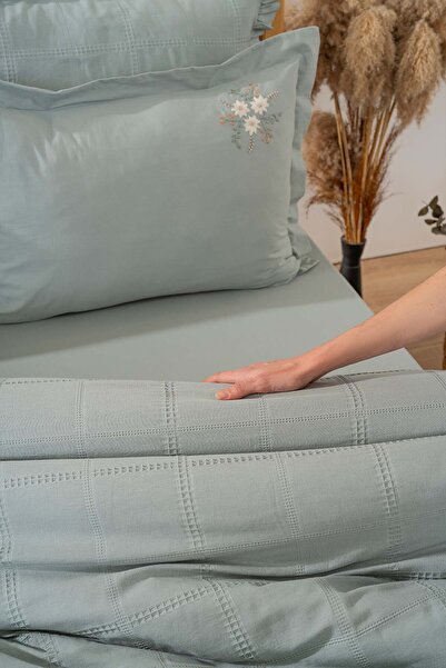 Rivaİstanbul Fiorella Mint Double Sheet Bedspread Set 6 Piece Sleeping Set