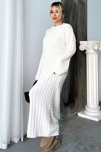 VAGGON Γυναικείο εκρού Crew Neck Hair Braided Knitwear Midi Dress Prm1341