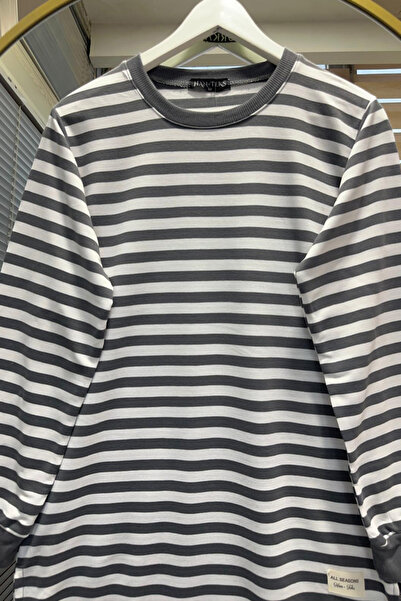 Bold Grup Neva Moda - Gray Striped Winter Hijab Tunic, Crew Neck, Loose Fit Sweatshirt