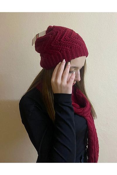 sema aksesuar Cadou de Ziua Îndrăgostiților - Set de eșarfe și bonete tricotate de culoare burgundă pentru femei - Set de 2 iarnă