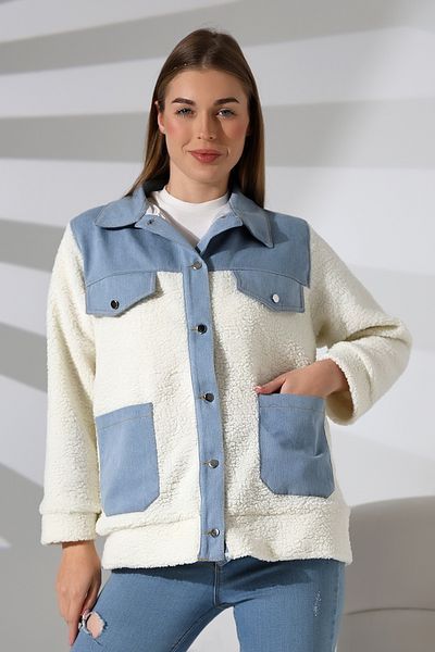 Butik Beyza Denim Detailed Plush Coat