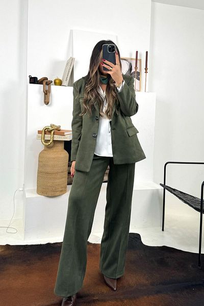 Sohotique By P Pantaloni largi din piele de cămilă verde - cu elastic în talie la spate
