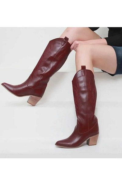 POTEEN Ptn Duppy Women's Western Cowboy Embroidered Full Mold Comfortable Boots - Burgundy