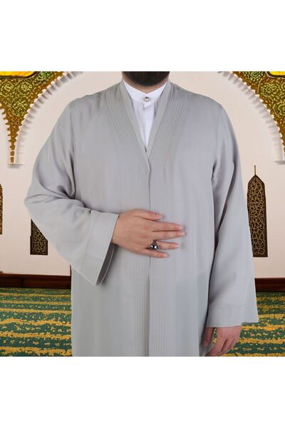 İkranur Gri Buhara Yaka Namaz Cübbesi - Sarık Kumaşı Hediyeli