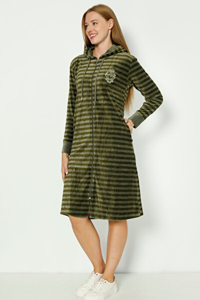 İntensive haki çizgili kapüşonlu nakış detaylı pamuklu kadife uzun kollu kadın elbise
