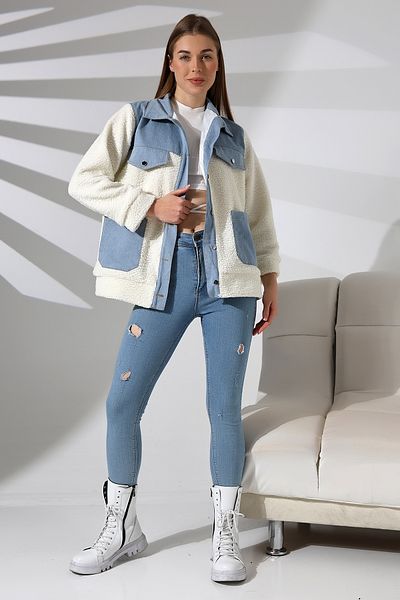Butik Beyza Denim Detailed Plush Coat