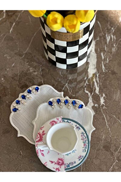 Seda Home Art 2'' Li   Mavi Taş İşlemeli Kahve Yanı Sunum Peçetesi, Kokteyl P...