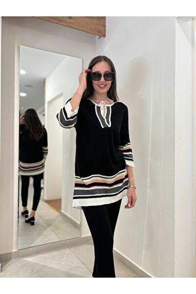 STAMINA Tunic Style Neck Tie Sweater with Stripes and Sleeves Detail