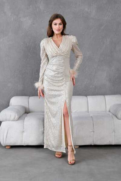 CİXAPLE Φόρεμα με μακρυμάνικο γιακά με διπλό στήθος με λεπτομέρεια από φτερό