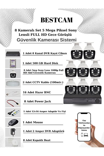 BESTCAM 8 Kameralı Set 5 Mega Piksel Sony Lensli FULL HD Gece Görüşlü Güvenli...