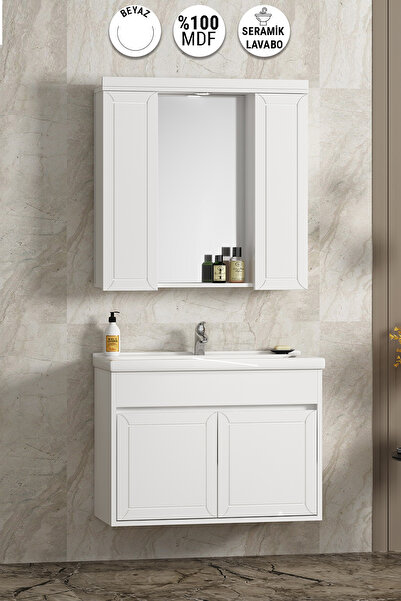 ÖZCEDEN Çuha 80 cm Beyaz MDF Pk-109 Balon Kapak Seramik Lavabolu Asma Banyo D...