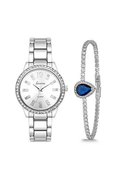 Forentina Gri Metal Kol Saati-Lacivert Taşlı Bileklik Kombin Set PS3843