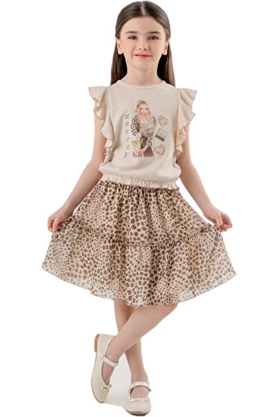 İrem Çocuk Giyim Beige Girls' Set - Ruffled Blouse and Picture Printed Skirt
