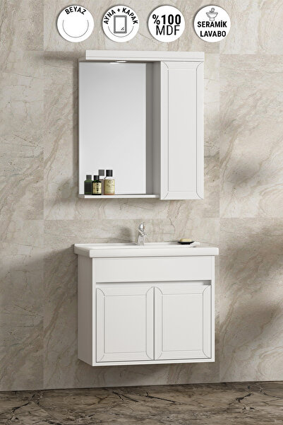 ÖZCEDEN Çuha 55 cm Beyaz MDF Pk-109 Balon Kapak Seramik Lavabolu Asma Banyo Dolabı Takımı